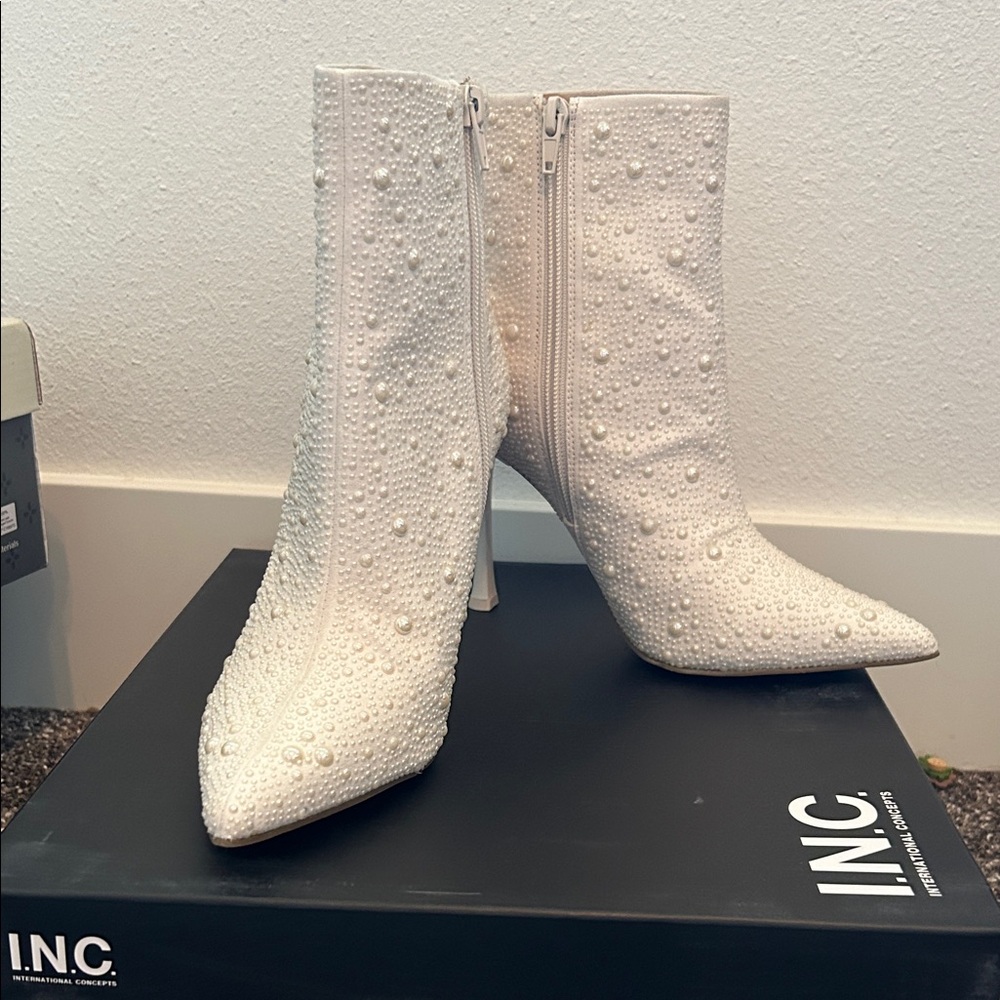 INC International Concepts Women's Pearl-Embellished White Heeled Boots